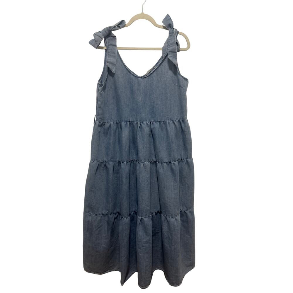 G.Kale Denim Western Bow Tiered Cotton Blend Light Flare Maxi Dress Large Petite